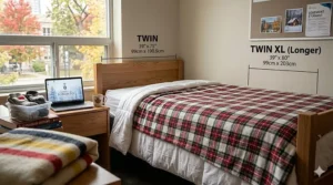Illustration comparing standard twin blankets for college dorms versus Twin XL dimensions commonly found in Canadian student housing.
