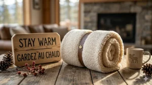 A rolled cream sherpa fleece blanket on a wooden table next to a sign that reads "STAY WARM / GARDEZ AU CHAUD" in a rustic Canadian setting.