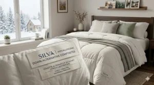 A cross-section illustration showing the insulating layers of a down alternative blanket designed for harsh Canadian winters.