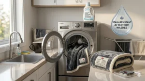 A simple graphic showing a microfiber blanket entering a washing machine, highlighting that it remains stain-resistant after many washes.