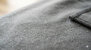 A photorealistic, extreme macro view capturing the fine-knit weave of the grey waterproof blanket for bed designed for Canadian homes, showing water-repelling fibers.