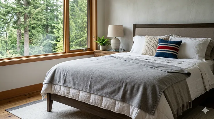 A photorealistic, highly detailed 4K image of a cozy Canadian bedroom, featuring a durable grey waterproof blanket on a well-dressed bed beside a large window looking out onto a lush forest.