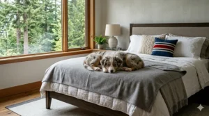 A high-resolution, photorealistic shot of the modern Canadian bedroom seen in the featured image. The medium grey, woven waterproof blanket is now fully unfolded and spread across the entire bed, serving as a protective top layer. Curled contentedly in the middle of the blanket is a small, bright-eyed Australian Shepherd puppy, looking directly at the camera.
