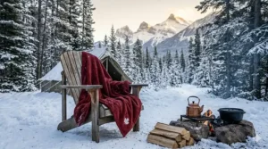 A plush burgundy fleece blanket with a maple leaf logo draped over a wooden Adirondack chair next to a campfire in a snowy Canadian forest.