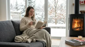 A 4K grid showcasing eight machine washable wool blend throws in Canadian-inspired colors like forest green, maple red, and slate grey, highlighting the textured herringbone weave.