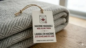Detail shot of a premium product tag for a machine washable wool blend throw featuring bilingual English and French text: LAVABLE EN MACHINE / JETÉ EN MÉLANGE DE LAINE.