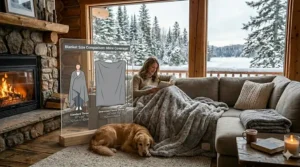 Illustration of a remote worker using an oversized fleece throw blanket to stay warm while working from home in Canada.
