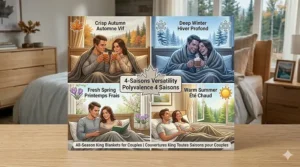 Graphic showing an all-season (4 saisons) king blanket for couples, designed to provide year-round comfort across changing Canadian climates.