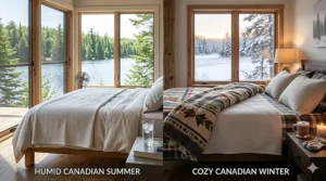 Illustration of a cooling queen blanket used by hot sleepers across different Canadian seasons, from summer heat to winter indoor heating.