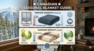 Graphic displaying full size blankets in different materials suitable for Canada's changing seasonal weather.