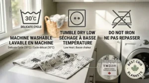 Illustrated care label in English and French showing laundry maintenance instructions for the best crib blankets.