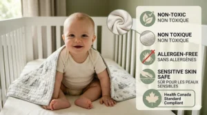 Illustration detailing non-toxic, hypoallergenic materials used in the best crib blankets for sensitive baby skin.
