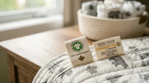 Illustration of organic certification labels on the best crib blankets available to eco-conscious parents in Canada.