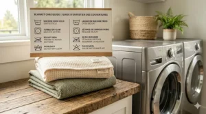 An icon-based guide showing laundry care instructions for queen size blankets in English and French (Instructions de lavage).