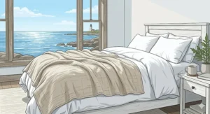 A bright, airy illustration of a coastal Canadian bedroom with an Atlantic Ocean view, featuring lightweight, breathable linen luxury king size blankets layered on a white bed for summer.