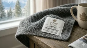 Close-up of a high-quality fabric tag with bilingual English and French Grand Lit Californien sizing information.