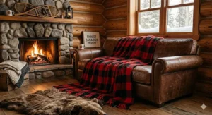 Stylized photorealistic illustration featuring heavy plaid oversized throw blankets for couch draped over a rustic leather sofa in a cozy Canadian log cabin with a roaring river stone fireplace.