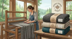 An illustrative scene in a Canadian weaving workshop with a forest view, featuring an artisan making heavy textured luxury king size blankets, with finished products labeled as 'Ethically Sourced' and 'Canadian Made'.