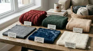 4K photorealistic seasonal color palette for oversized throw blankets for couch, displaying swatches in Maple Red, Forest Green, Toasted Almond, Charcoal Grey, Navy Blue, and Cream White on a rustic wood surface.