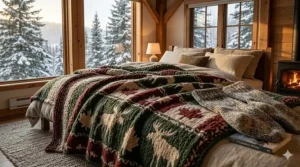 King-size blanket with a subtle maple leaf and moose pattern, a classic choice for a Canadian winter bedroom.