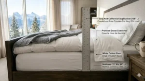 Cross-section of warm bedding layers featuring a Cal King blanket designed for cold Ontario and Quebec winters.