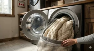 A photorealistic 4K split-screen illustration set in a rustic Canadian cabin. The left panel shows a mother and daughter cuddling with a golden retriever under a massive cream cable-knit oversized family blanket on a leather sectional by a fireplace. The right panel shows the identical blanket used as a full bedspread on a king-size log bed, highlighting its versatile scale.