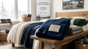 Elegant bedding display featuring king size blankets with a "Fabriqué au Canada / Made in Canada" tag.