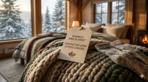 A decorative tag showing "Warmest Winter Blankets" and "Couvertures d'hiver les plus chaudes" for king beds.