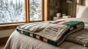 A queen blanket with a bilingual English and French care label emphasizing "Extra Warm / Extra Chaude" for the Canadian market.