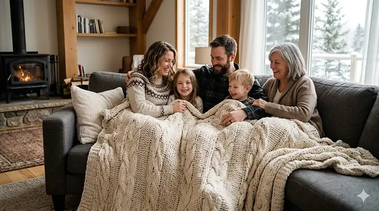 A photorealistic wide-angle image of a multi-generational Canadian family (five people) cozily huddled on a charcoal grey sectional sofa, completely covered by a massive, chunky cable-knit cream oversized blanket. The scene is set in a rustic, modern Canadian living room with a stone fireplace glowing in the background and soft, natural daylight filtering through a large window showing snowy pine trees.