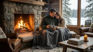 Cozy lifestyle illustration of a couple sharing a plush king blanket inside a rustic Canadian cabin during winter.