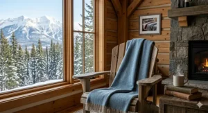 Illustration of a rustic Canadian cottage living room with cozy full size blankets draped over the sofa.