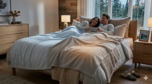 Illustration of a dual-zone king blanket for couples, showing individual temperature control for personalized sleep comfort.