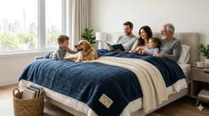 A large family and a dog relaxing on top of durable, machine-washable king size blankets in a modern Toronto condo.