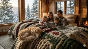 A family and their dog staying warm under a large king blanket during a snowy Canadian evening.