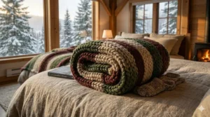A neatly folded, thick king blanket ready for a long winter season in Ontario or the Prairies.