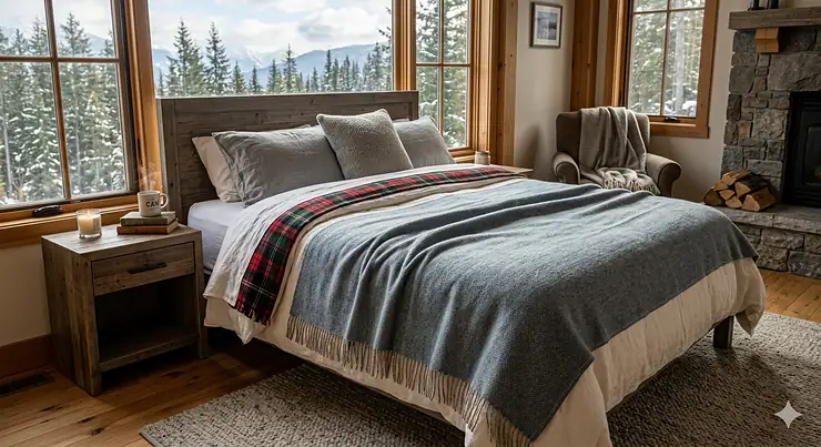 A cozy full size blanket spread over a bed in a modern Canadian bedroom, perfect for chilly winter nights.