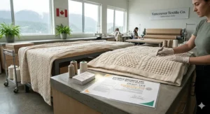 A photorealistic 4K image set in a cozy Canadian log cabin showing a thick, rolled cream cable-knit blanket. The blanket is bundled with a black leather strap and a burlap ribbon, featuring a bilingual gift tag with a maple leaf that reads 'OVERSIZED BLANKETS FOR FAMILY' and 'COUVERTURE GÉANTE POUR LA FAMILLE'. The bundle sits on a rustic wooden table with gifts and hot cocoa near a window overlooking a snowy forest, illustrating holiday gifting.