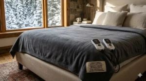 An electric heated queen blanket with dual controllers, perfect for cold nights in Ontario or the Maritimes.