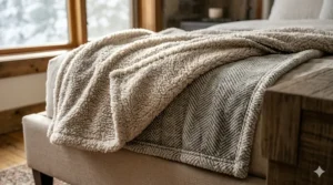 Close-up texture of a thick sherpa-lined queen blanket designed for extreme Canadian winter temperatures.