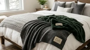 A stylishly layered bed showing how to combine duvets with decorative king size blankets for extra warmth.