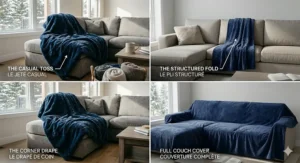 A 4K grid infographic demonstrating four photorealistic styling techniques for oversized throw blankets for couch (casual toss, structured fold, corner drape, and full cover) with bilingual EN/FR labels.