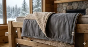 A photorealistic 4K image set in a cozy Canadian laundry room, showing a hand carefully guiding a massive, chunky cable-knit oversized family blanket in a mesh bag into a modern, open front-loading washing machine. Soft daylight highlights the textures, and a bilingual sign on the rustic wooden wall reads "WASH STATION / POSTE DE LAVAGE," proving the blanket fits a standard home appliance.
