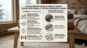 A clean graphic highlighting the benefits of hypoallergenic queen size blankets for sensitive skin and allergy relief.