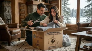 Illustration of a couple unboxing a new king-size blanket, featuring fast, localized shipping across Canada.