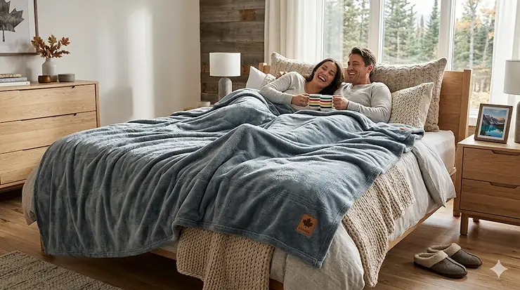 A cozy Canadian bedroom featuring a happy couple relaxing under a premium king blanket on a spacious bed, perfect for cold winter nights in Canada.