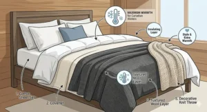 An infographic illustration of a bed layering system, detailing five layers including sheets, coverlet, a heavy wool luxury king size blanket, and a duvet, optimized for maximum warmth in Canadian winters.