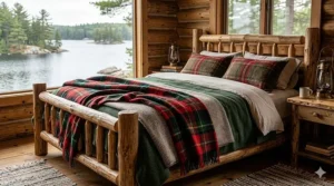 Rustic plaid king size blankets draped over a bed in a Muskoka-style lakeside cabin.