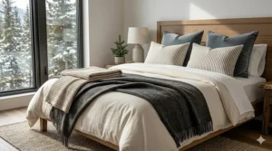 A master bedroom featuring layered bedding with a focal luxury queen size blanket for cold Canadian winters.