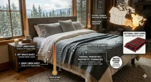 Diagram showing how to layer bedding with full size blankets for warmth during cold Canadian winters.